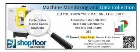 A banner with several lines of text: "Machine Monitoring and Data Collection. Do you know your machine efficiency? Automation data collection, real time dashboards, reports and charts, OEE." On the left there is a CNC machine with a magnifying glass that has the text: "Cycle status, reason codes, downtime".