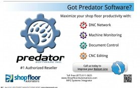 The Predator Software logo accompanied by several lines of text: "Got Predator Software? Maximize your shop floor productivity with: DNC network, machine monitoring, document control, and CNC editing. Call us today to improve your bottom line."