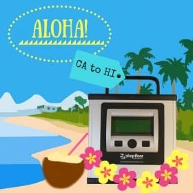 A USB Connect Portable is on a clip art beach with a coconut drink and a hawaiian lei around it. The text says "Aloha! California to Hawaii".