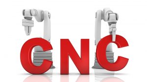 Robotic Arms accompanied by the letters "CNC", an acronym for Computerized Numerical Control. The rightmost robot arm is holding and placing the last "C".