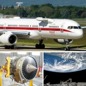 A collage of a Honeywell airplane, a jet engine, and a shot of earth from a JetWave satellite.