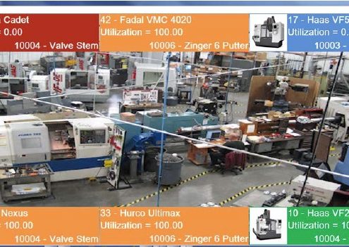An upper shot of a shop floor with various CNC machines at work. There is an overlay showing the status of each machine, as offered by machine monitoring and data collection software and hardware.