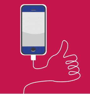A clip art image of a smart phone with a power cable in the shape of a thumbs up.
