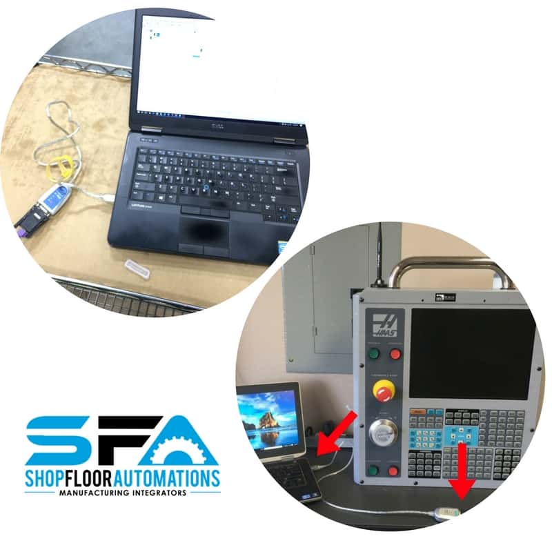 A CNC is connected to a Windows laptop by using a USB to RS232 serial converter