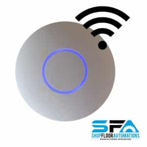 The Wireless Access Point from SFA, which has the appearance of a white circular disk with a bright blue LED in the center when powered on. A black wi-fi symbol is in the top right.