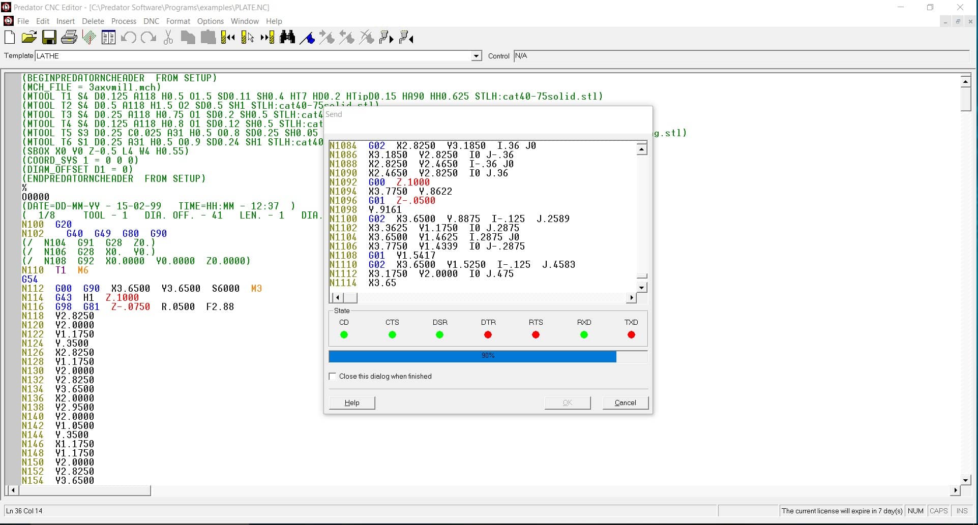 A screenshot of Predator CNC G-code Editor Express, showing the program actively sending code.