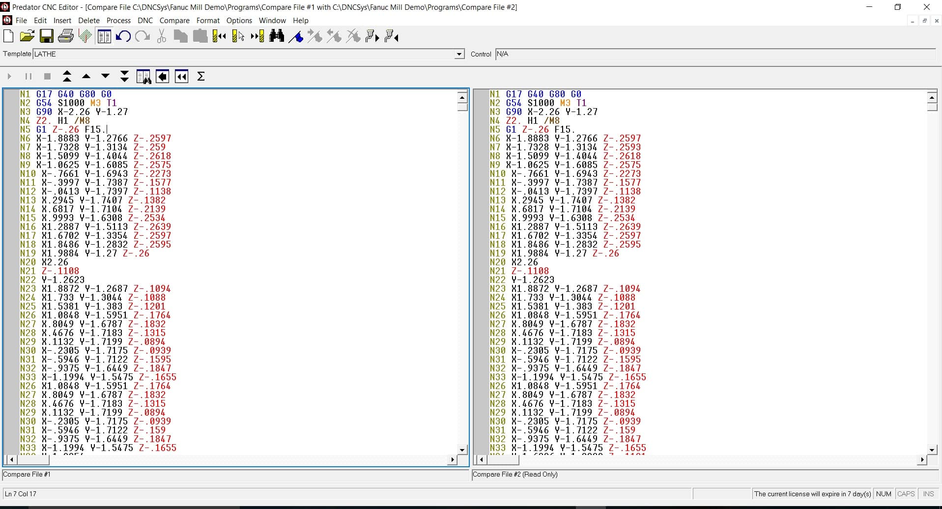 A screenshot of Predator CNC Gcode Editor software, showing two windows comparing various lines of code and coordinates.