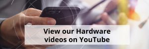 A close up of a person's hand using a smartphone with text that says "View our Hardware videos on Youtube".