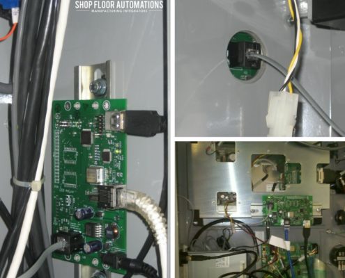 Several shots of a LAN USB circuit board installed in different CNC machines to add ethernet and USB capability.