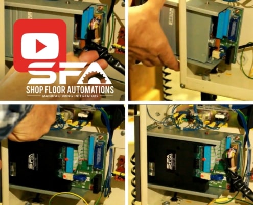 A 4-part collage of a shop floor employee installing an Okuma floppy drive emulator into an Okuma CNC machine.