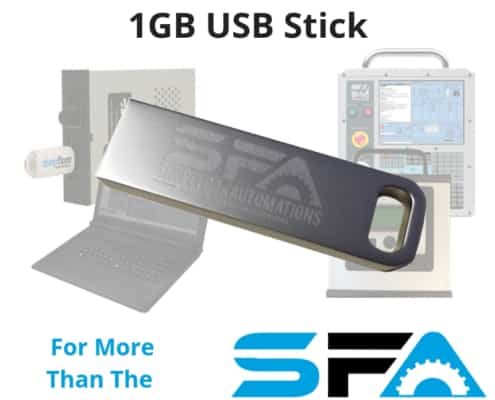 A silver 1 gigabyte USB drive overlaid on top of a floppy drive emulator, a laptop, a CNC controller, and a USB Connect Portable. The text reads "USB Flash Drive 1GB USB Stick. For More Than the Shop Floor"