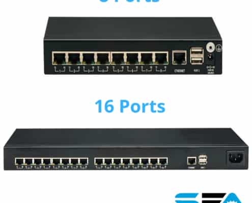 Two Wired Connect units, the first one having 8 ports and the second having 16 ports to connect several machines for ethernet access.
