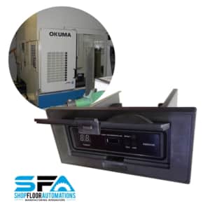 A Floppy Drive Emulator specifically designed for Okuma CNC machines, accompanied by a shot of an Okuma machine.