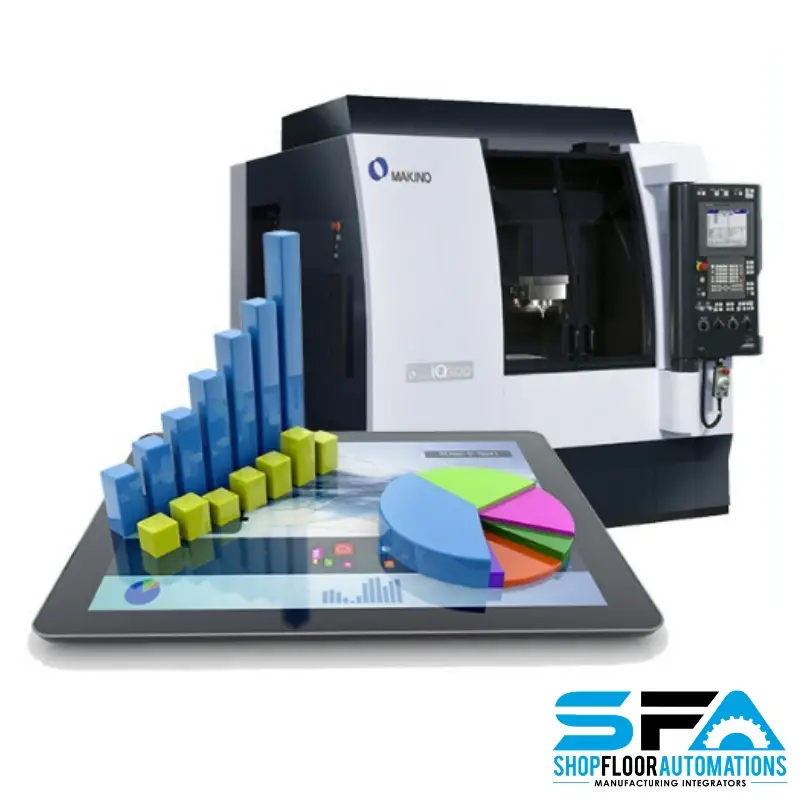 A smart tablet with a 3d bar graph and pie chart extending from its screen accompanied by a CNC machine.
