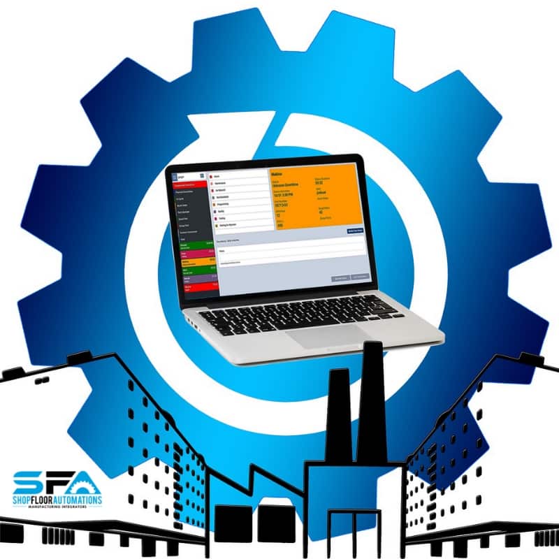 A laptop running machine monitoring software connected to various CNC machines. In the background is a large blue gear and a clip art factory building.