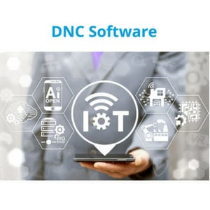 An infographic for the Internet of Things, accessible wirelessly through the cell phone being held by a man in a suit. The header reads "DNC Software".