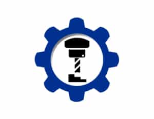 A dark blue gear with a clip art depiciton of a shop floor tool in the center.