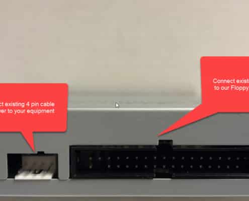 An existing 4 pin cable and 34 pin cable can be connected to the SFA Floppy Connect drive's ports,