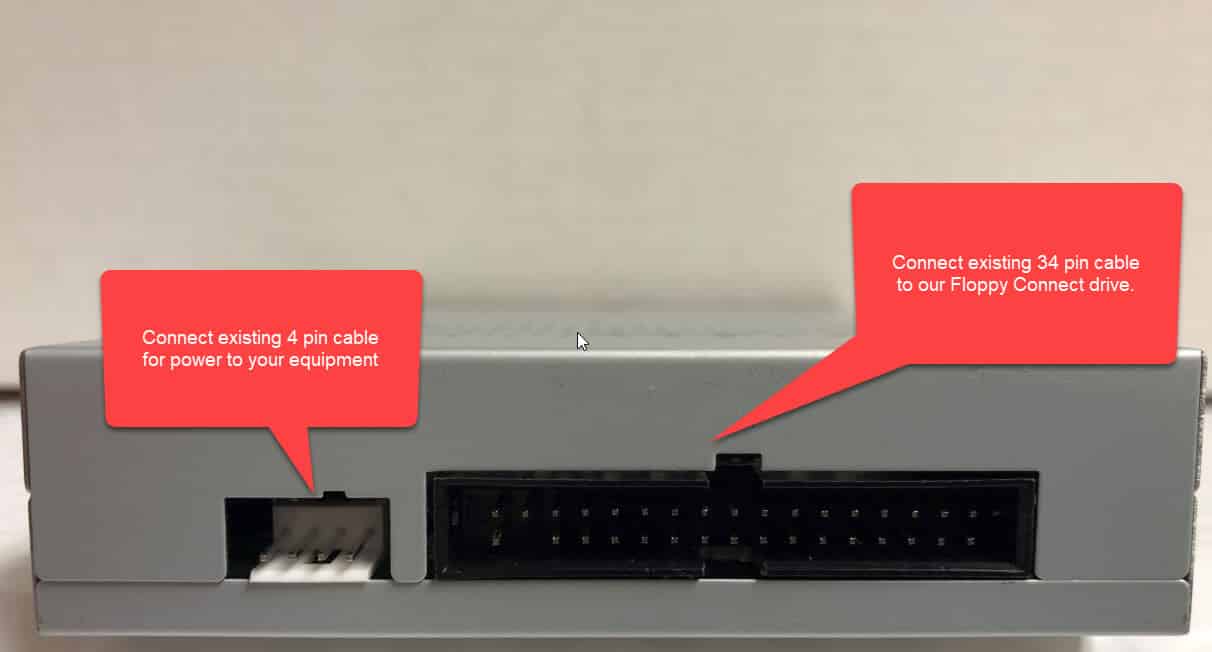 An existing 4 pin cable and 34 pin cable can be connected to the SFA Floppy Connect drive's ports,