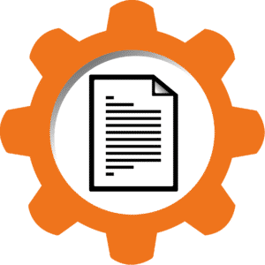 An orange gear with clip art of a CNC Editor document in the center.