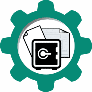 Predator PDM Icon, which is a turquoise gear with clip art images of a locked safe and two paper documents in the center.
