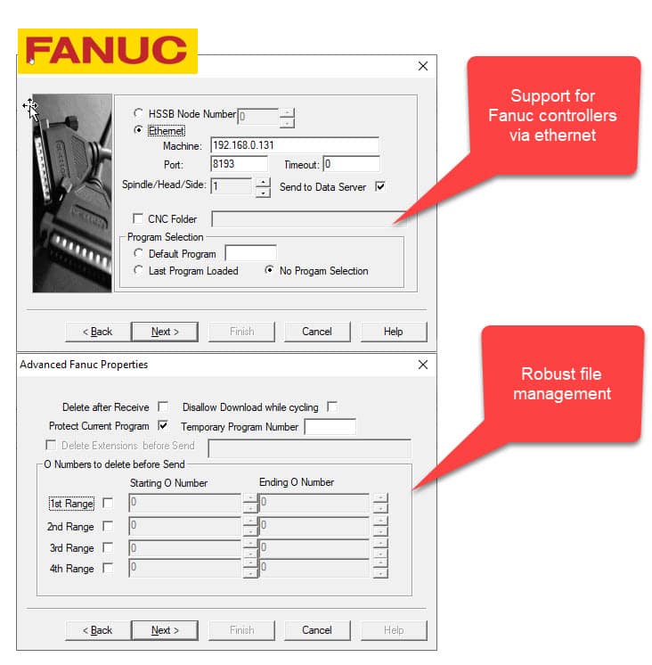 A screenshot of two menus in Predator DNC software, showing various settings for Fanuc machines. There are two bubbles with text that says "Support for Fanuc controllers via ethernet. Robust file management".