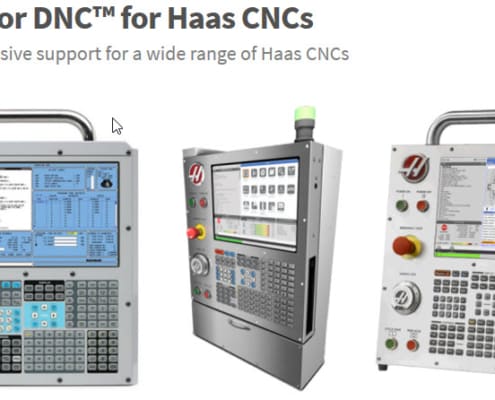 Three different Haas CNC controllers side by side with the text "Predator DNC for Haas CNCs. Comprehensive support for a wide range of Haas CNCs".
