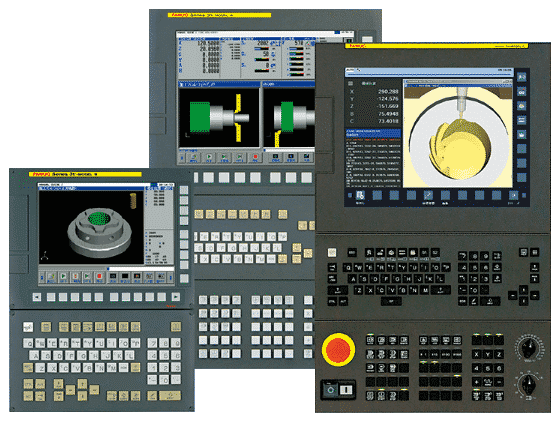Three examples of different Fanuc CNC controllers.