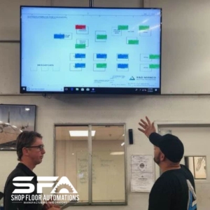 Two shop floor employees discussing the status of machines as shown on a large tv screen displaying machine monitoring software.