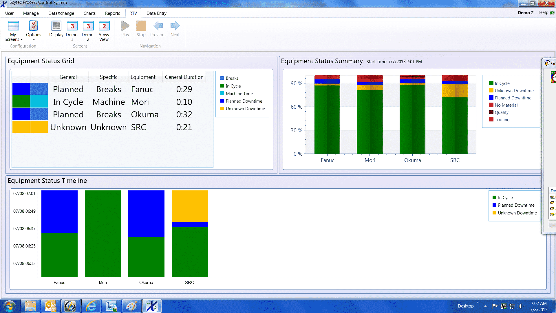 A screenshot of the Equipment Status Grid in Scytec DataXchange machine monitoring software.