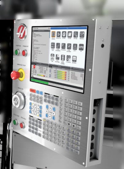 A front angled view of a Haas CNC controller, which is compatible with DataXchange data collection.