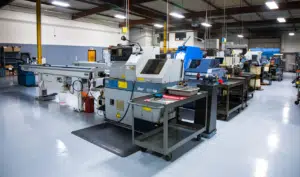 A shot of a shop floor, featuring various production machines that are set up on a machine monitoring network.