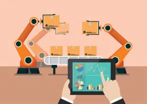 A clip art depiction of several machines at work sorting packages while a shop floor manager assesses the data collected via the machine monitoring software on their tablet.