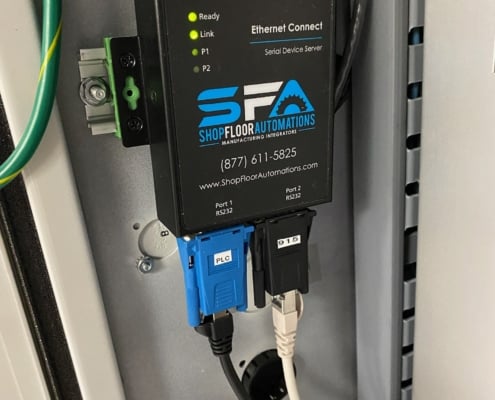 A Wired Ethernet Connect with 2 ports is mounted and plugged into a machine, giving the machine ethernet capability.