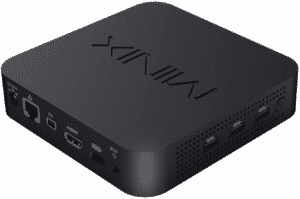 A black Minix mini PC with Windows 10 Pro installed.