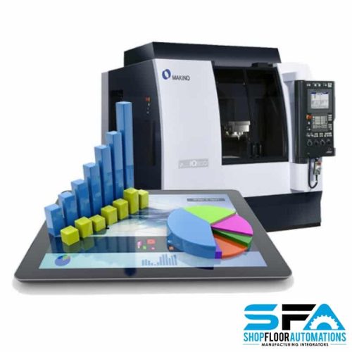 A smart tablet with a 3d bar graph and pie chart extending from its screen accompanied by a CNC machine.