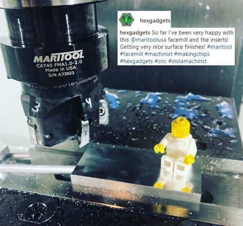 A shot of a lego figurine next 18-year-old machnist Payton's Maritool Facemill tool head. There is a screenshot of one of his Instagram posts in the corner of the image.
