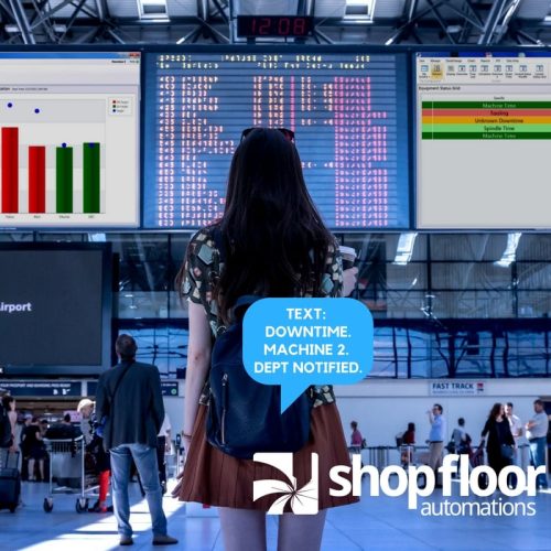 A woman stands at the airport looking at 3 machine monitoring screens related to the status of her machine at the shop. A blue text bubble coming from her backpack says "Text: Downtime. Machine 2. Department notified."